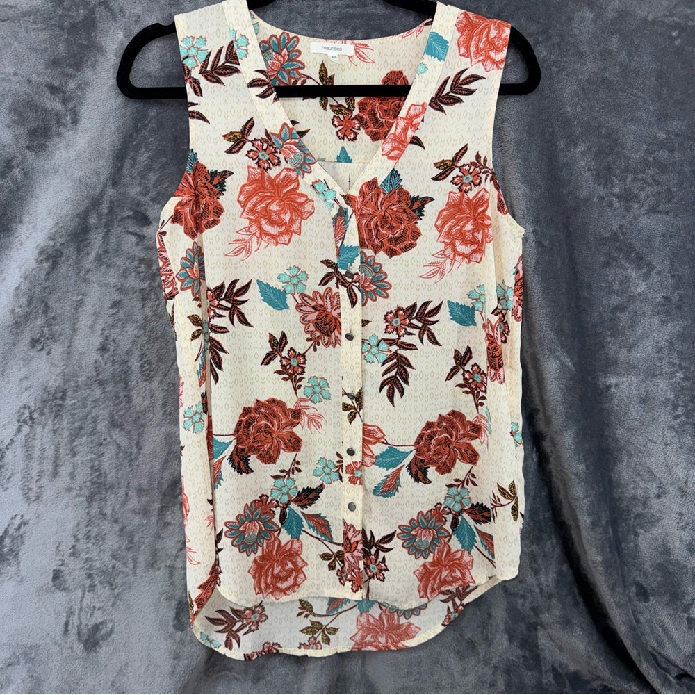 Maurices Cream V Neck Floral Button Down Blouse Sleeveless Tank Top Size Small